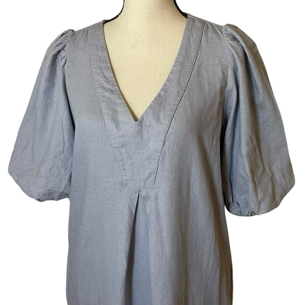 Cynthia Rowley Linen Blend Puff Sleeve Tunic Dress Pockets Periwinkle Medium - Picture 2 of 8